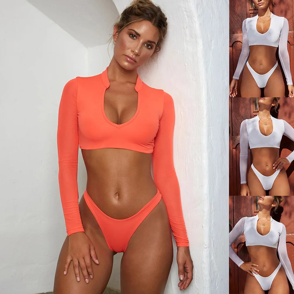

wholesale summer fashion sexy mesh fabric long sleeve 2 piece bathing suits for women