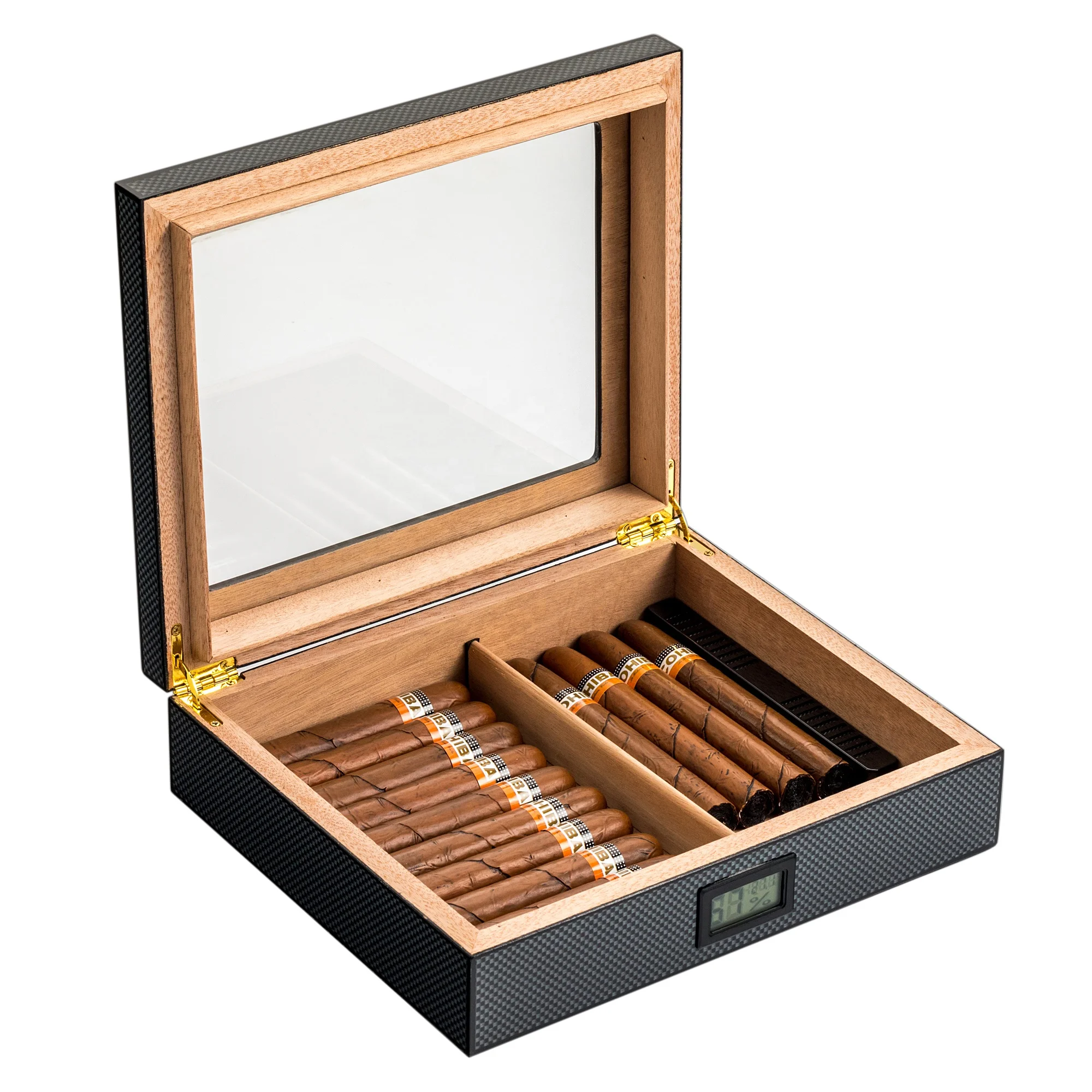 

Black Cigar Storage Luxury Humidor Cigar Display Cases Wooden Cigar Box with Hygrometer Wholesale Carbon Fiber Eco-friendly 1pcs