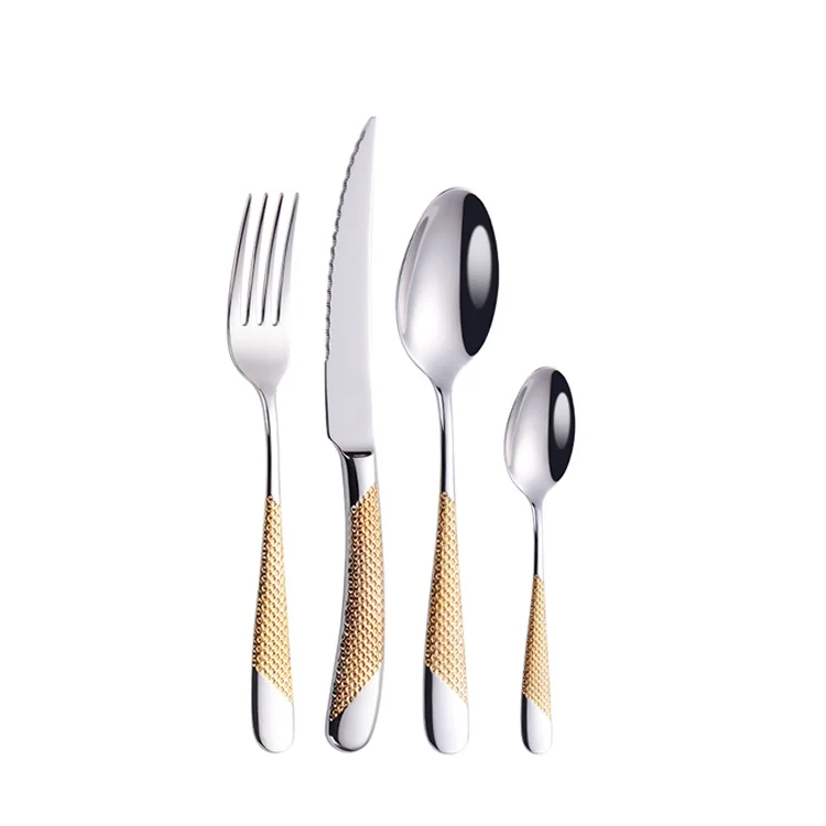 

Luxury Hotel Stainless Steel Cutlery Set Gold Plated Metallic Silver Flatware Set, Silver/gold