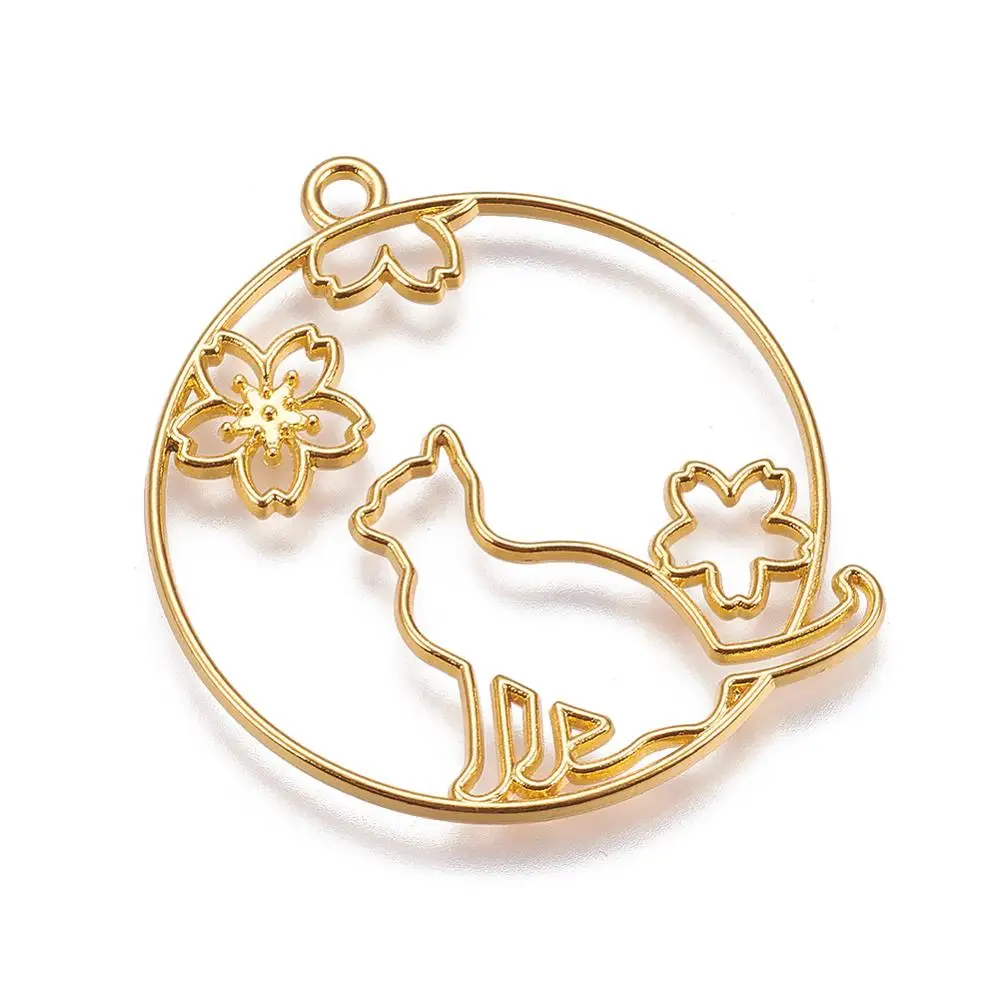

Pandahall DIY Jewelry Flat Round Cat Open Back Bezel Pendant, Golden
