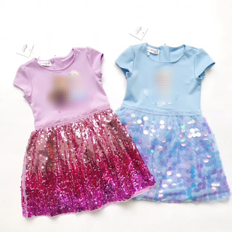 

2020 summer kids baby girls sequined dress elsa princess elsa short sleeve dress, As photo