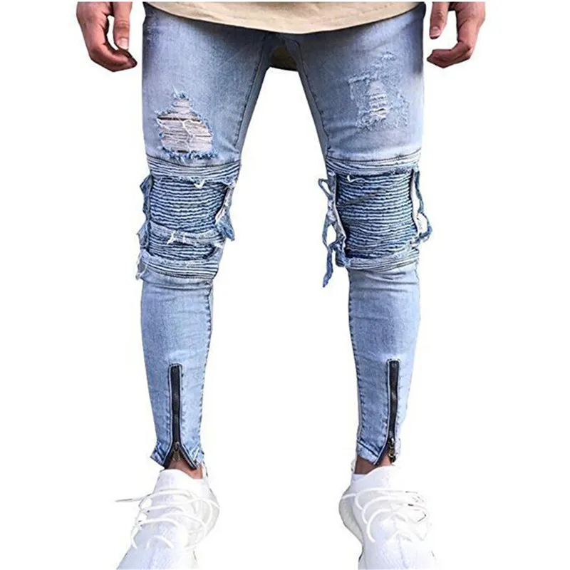 

Youth Men's Trend Knee Hole Zipper Small Feet Denim Pants High Street Ripped Motorcycle Jeans, Blue