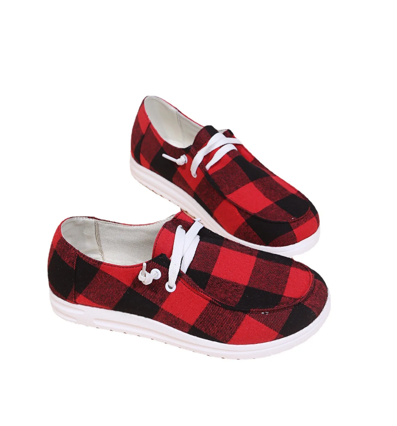 

Dropshipping Ladies Fashion Casual Shoes Canvas Plaid Round Toe Lace-up Flat Ladies Loafers
