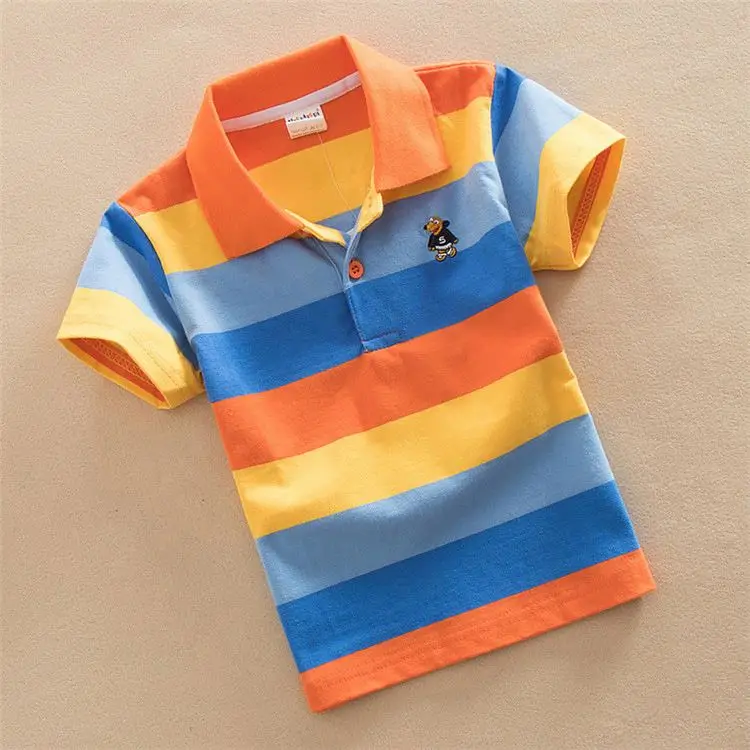 

OEM 0-15 Years Old Turtle Neck For Children Wide Stripe Short-sleeved T-shirt Summer Lapel Rainbow Polo Boy's T-shirts