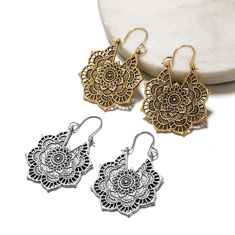 

Antique Silver Flower Shape Indian Tribal Earrings Gypsy Mandala Earrings For Women, Picture