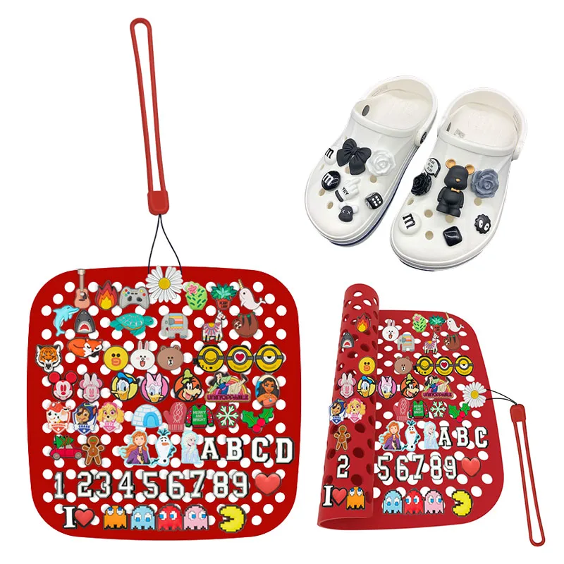 

2021 Hot Sale Shoe Decoration Charm Organizer Mat Portable Roll Storage Bag Wall Mounted Hanging Silicone Display Stand Pad, Black & red& wine red