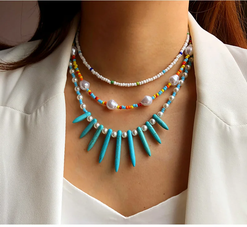 

Statement Boho Jewelry Tassel Turquoise Irregular Pearl Seed Bead Choker For Women