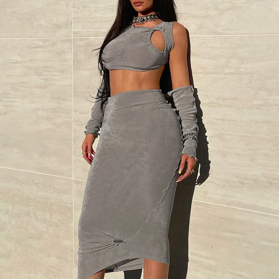 

2021 New Summer Off Shoulder Crop Top Knee Skirt Suit Skinny Party Clubwear Tight Matching Women Sets