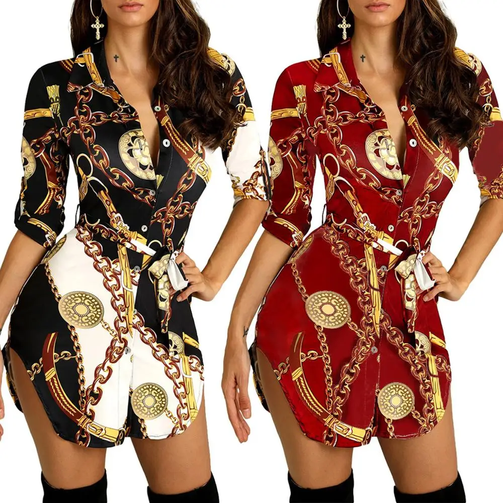 

Amazon Europe United States butterfly sleeve winter mini dress sexy night club 2019 Spring dress women gold chain print dresses, As pictures