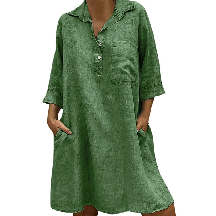 

Hot sale 5 color short casual dress linen dress midi dress women for girls trending clothes women clothes, Khaki,green,pink,gray,black