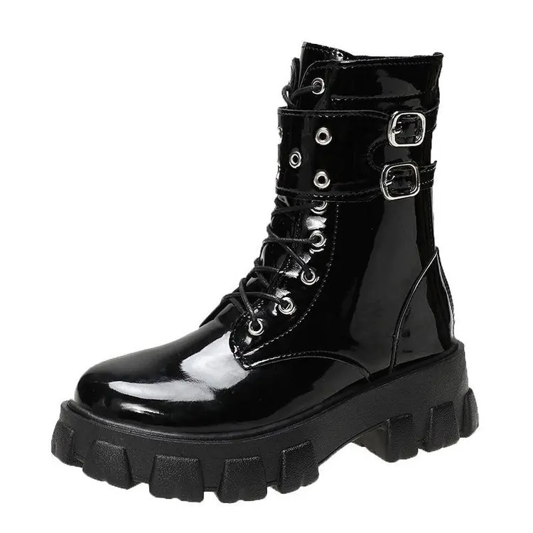 

Shangzhou OEM Bottes pour femmes New Arrivals Thick Bottom Buckle Locomotive Women Boot, Black/white