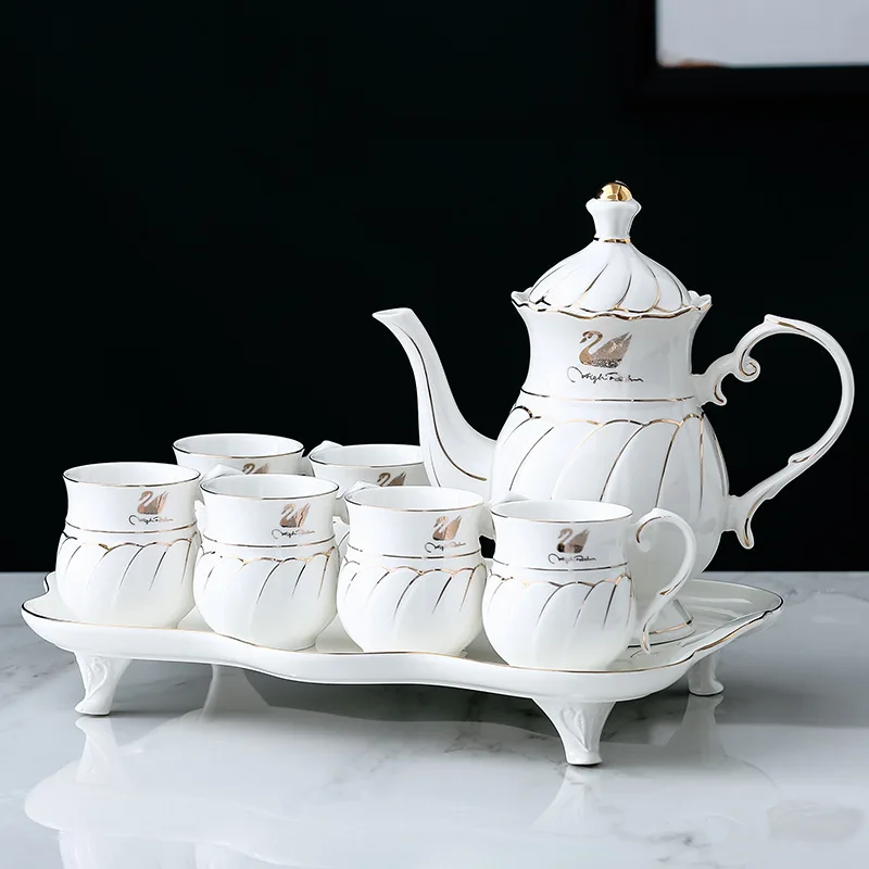 

Wholesale Coffee Tea Cup Set White Ceramic Cup Set Of 8 With Teapot and Tray, Customized color