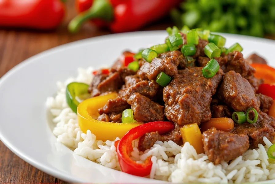 Pfeffersteak mit bunten Paprikastücken und Frühlingszwiebeln