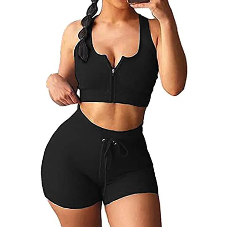 

Women Workout Seamless Set Gym Ribbed Zip Bra Yoga Wear Short Top, Any pattern