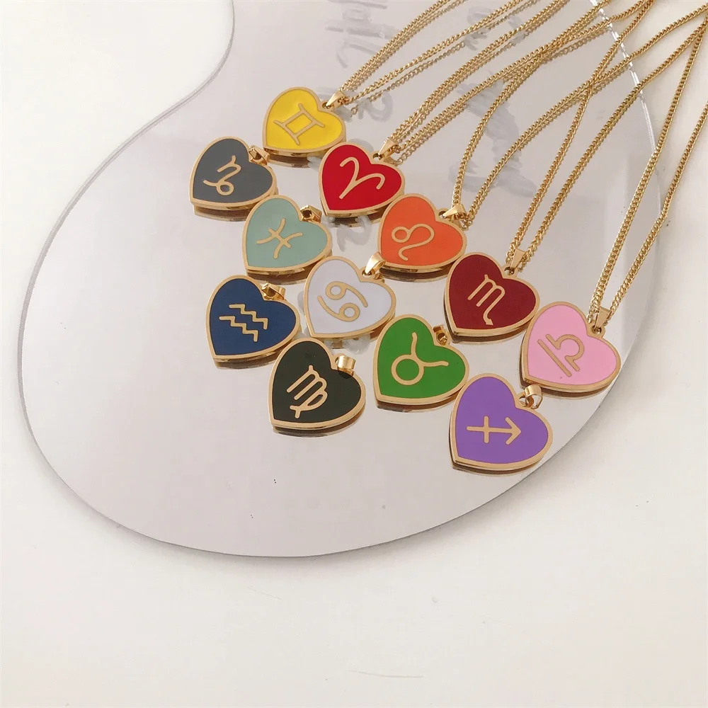 

18K Gold Plated Stainless Steel Chain Necklace INS Summer Jewelry Gift Colorful Heart Shape Pendant 12 Zodiac Necklace for Women