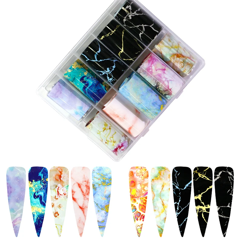 

Sparkly Sky Metallic Marble Nail Foil Stickers Slider Nail Transfer Decals Wrap Foil, 10 colors per box