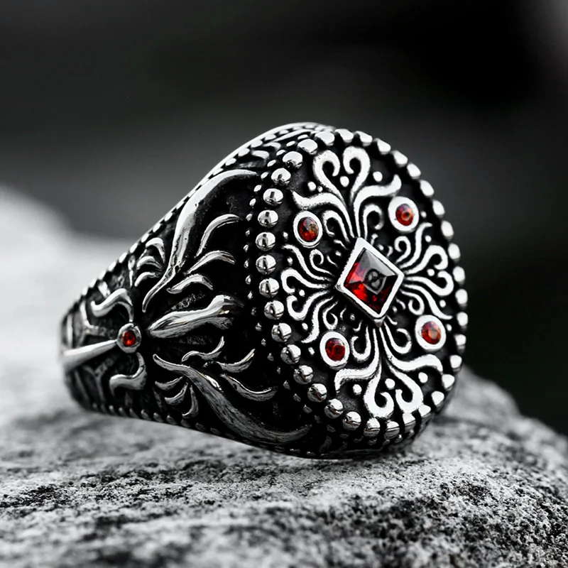 

SS8-1166R New Unique Design Stainless Steel Turkish Stone Ring Vintage Pattern Men's Ring Retro National Style Jewelry Gift