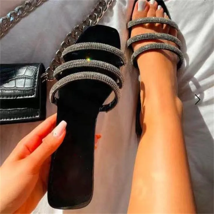 

Summer new style fashion rhinestone round head sandals flat women slippers in stock, As picture