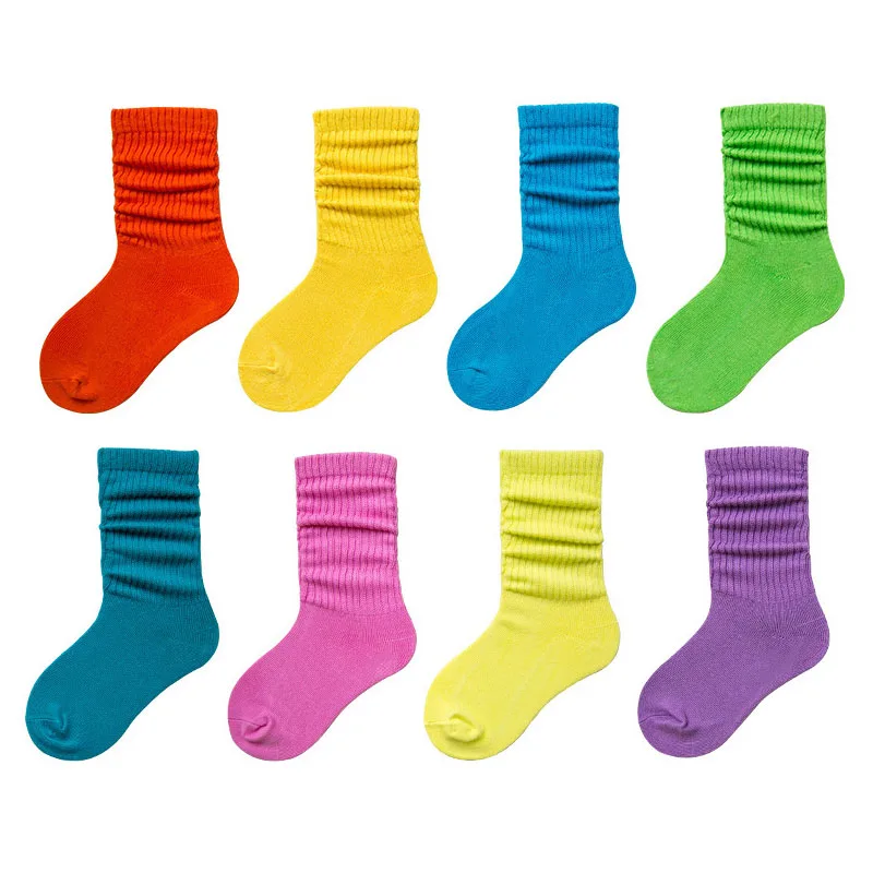 

Wholesale plain color cotton loose student little girl boy toddler baby stocking orange fancy kids slouch socks, Custom color