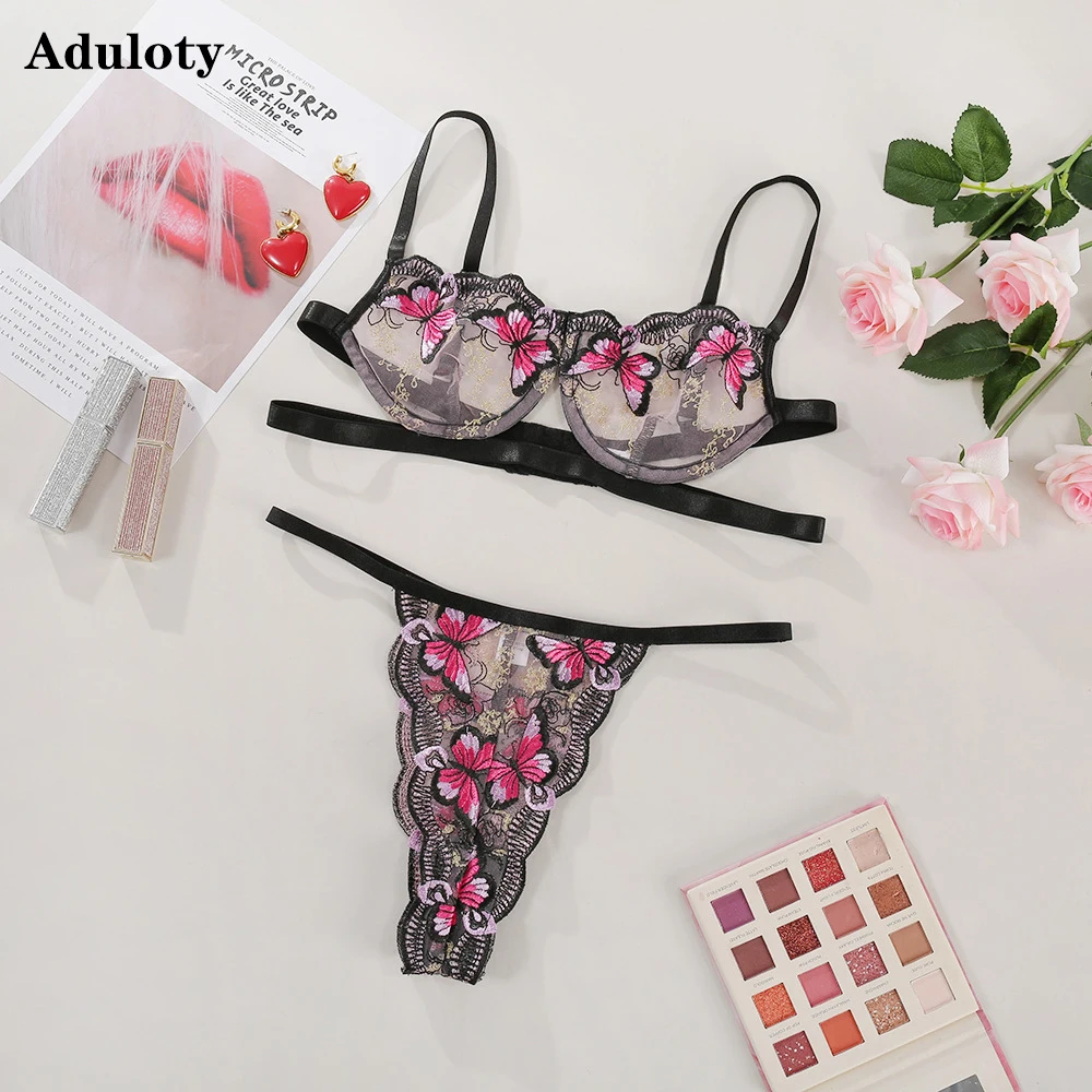 

New women's butterfly embroidery net gauze thin section see-through sexy lingerie set underwire gather bra and thong erotic set