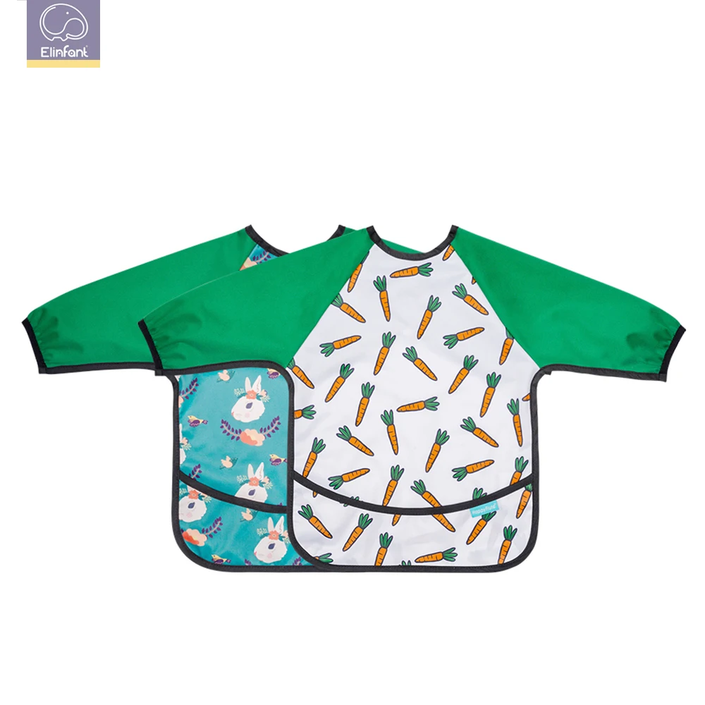 

Elinfant Eco-Friendly and washable baby long sleeve bib with adjustment snap match wide pocket, Colorful