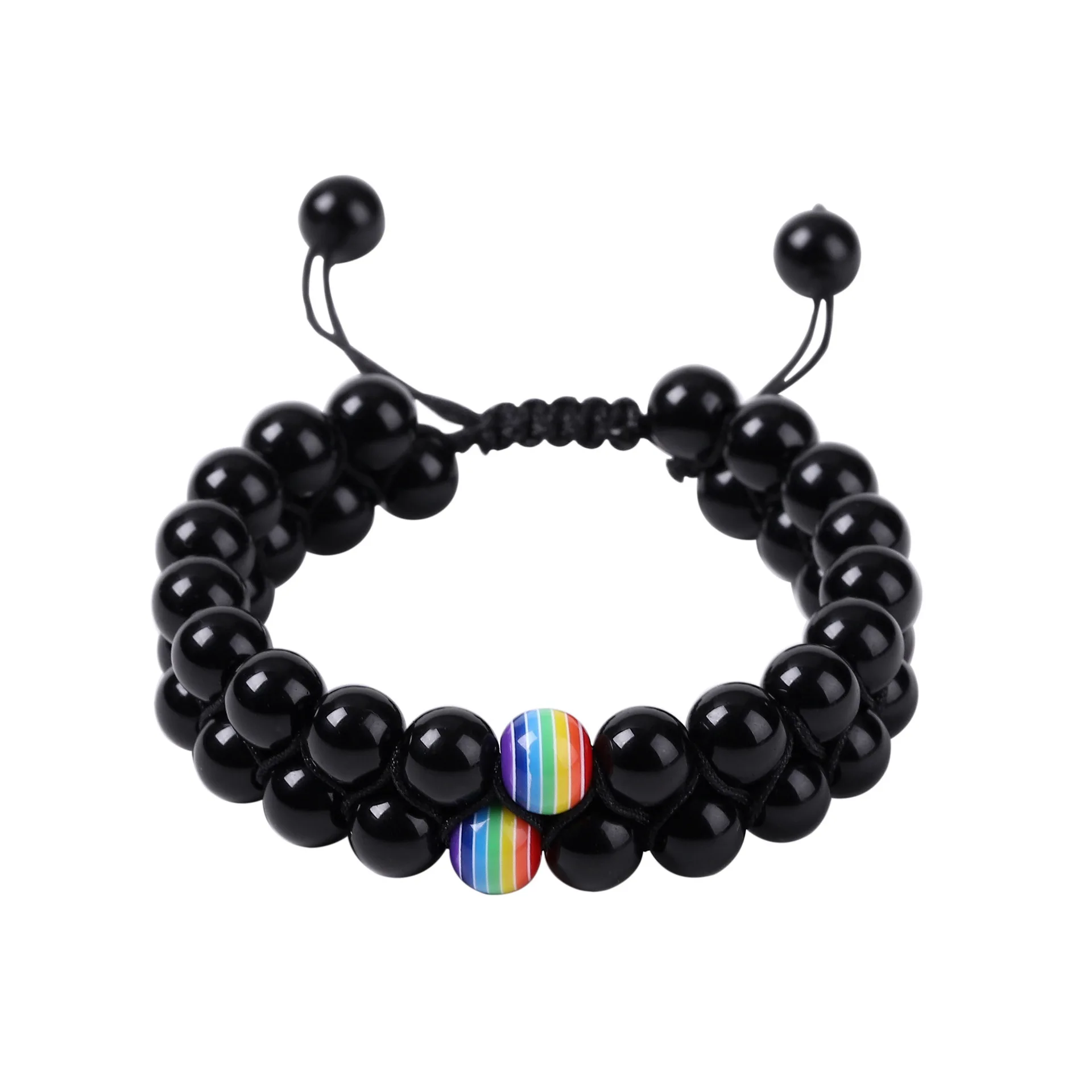 

Energy seven color light volcanic stone double braided bracelet hot selling hand braided black agate double row bracelet, As pic show