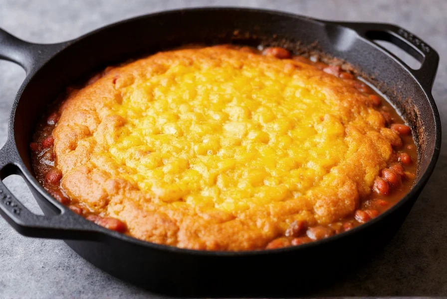 Chili cornbread skillet baked in cast iron pan with golden cornbread topping and chili bubbling at edges