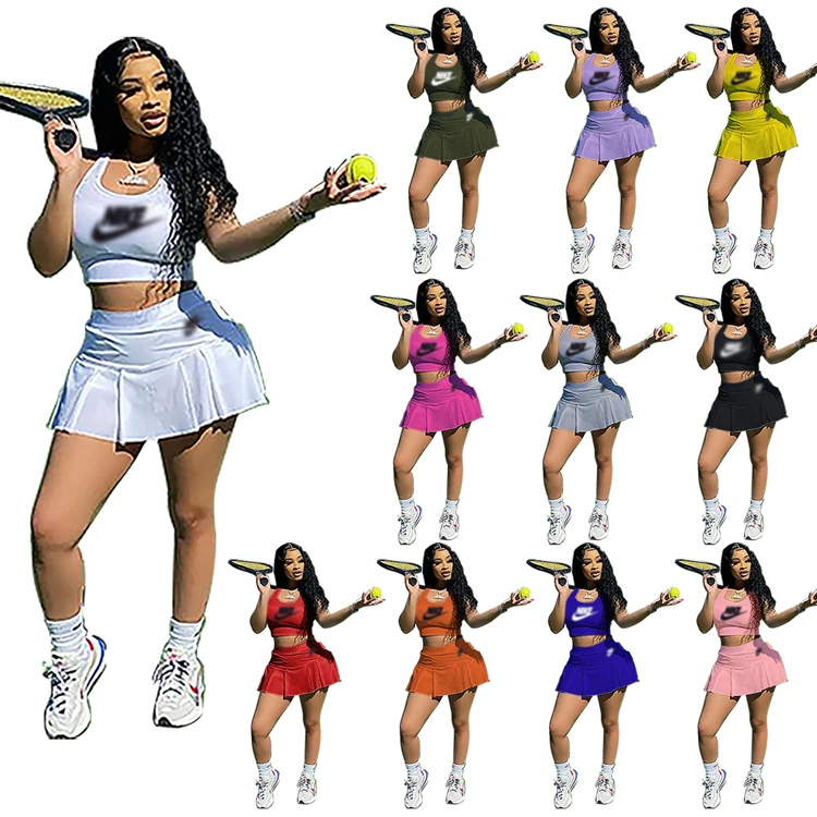 

Newest Design Fashionable vest Summer Two Piece Set Mini Pleated Skirt Tennis Sports Wear 2021 Women Clothing 2 Piece Skirt Set
