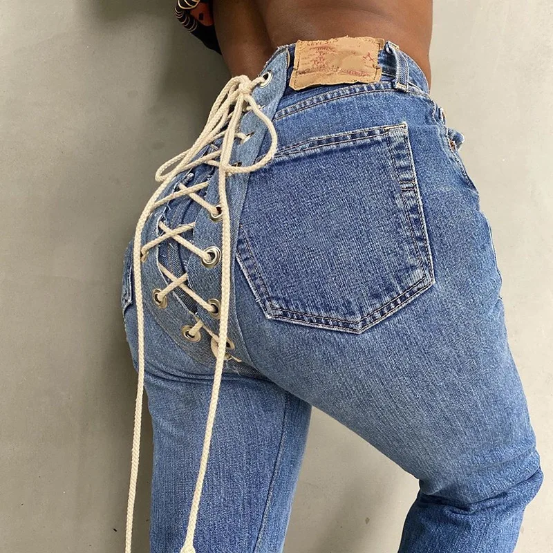 

Back Cross Bandage Jeans For Women High Waist Lace Up Streetwear Casual Trousers Women Jeans Pants, Black,blue,light blue