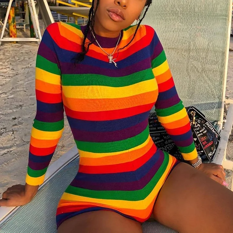 

9014 Hot Sales Striped Rainbow Print Ladies Sexy Bodycon Long Sleeve Short Jumpsuit for Women