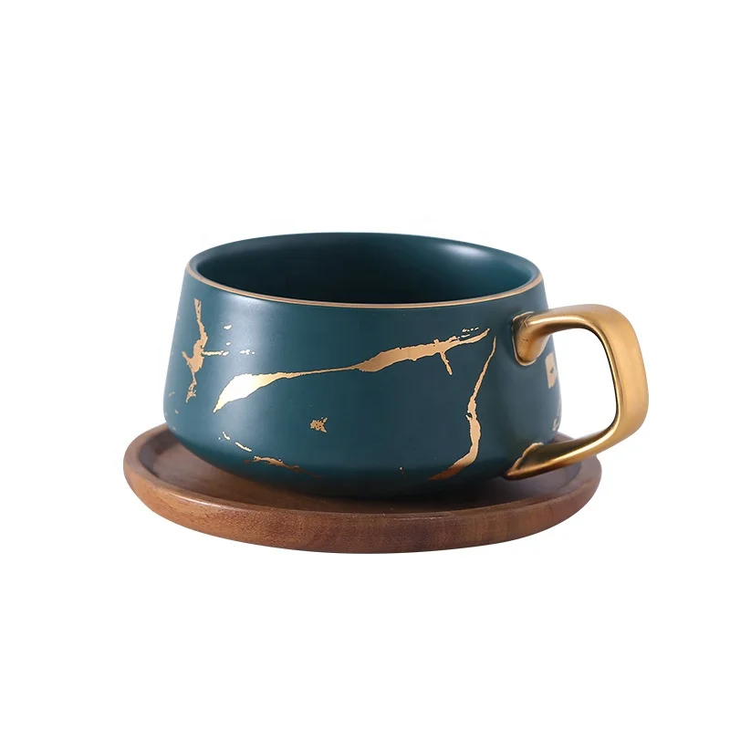 

Creative marbled matte light luxury gold ceramic coffee cup with wooden saucer home gift wholesale, As picure or customized