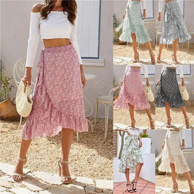 

New European And American Skirts Ruffled Floral Irregular Skirts, Picture color