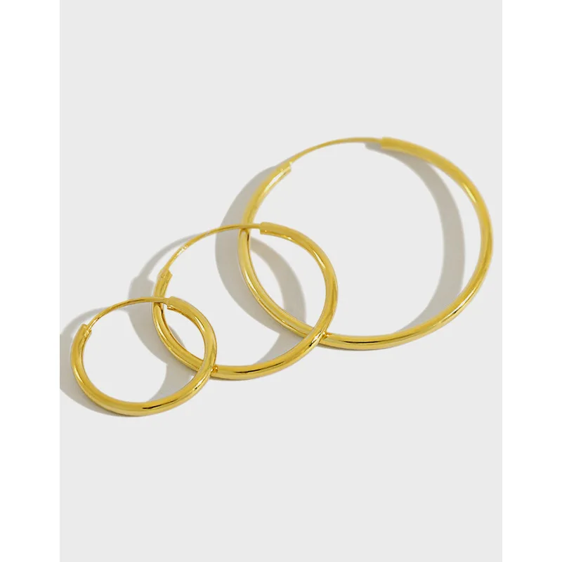 

15mm 20mm 30mm Real Gold Plated 925 Silver Circle Loop Earrings Polished Smooth S925 Sterling Silver Round Hoop Earring