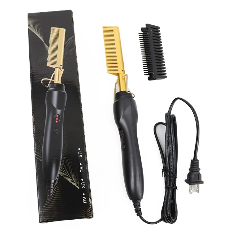 

450F High Heat Ceramic Press Comb Hair Straightener Pressing Electric Hot Comb, Gold
