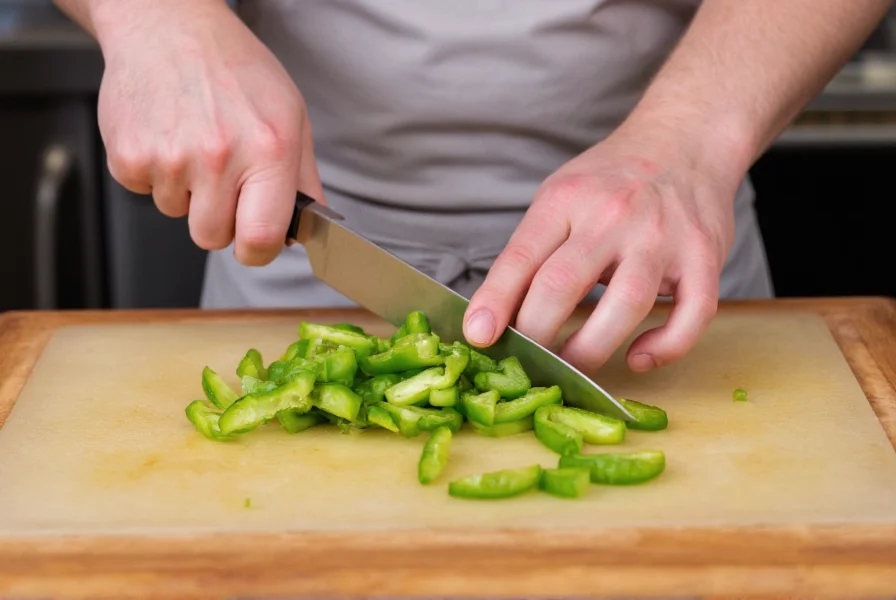 Chef slicing serrano peppers with knife on cutting board, showing proper handling technique