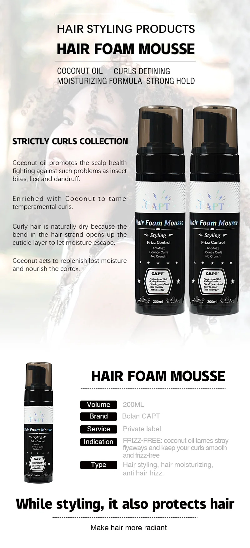 Oem Private Label Styling Strong Hold Antifrizz Olive Oil Hair Mousse