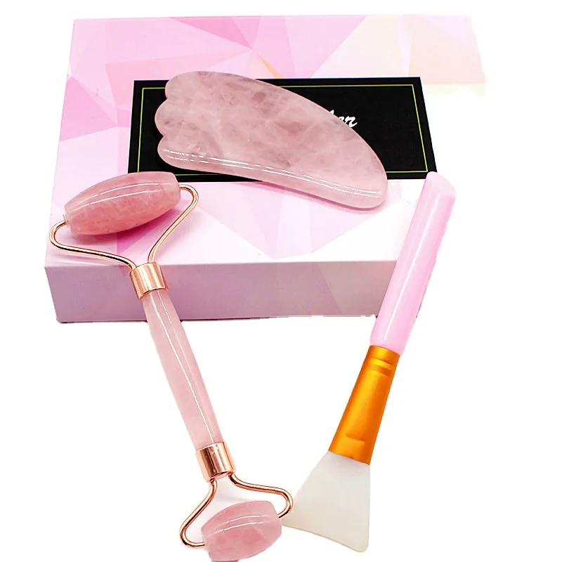 

100% Natural rose quartz Jade Roller and Gua Sha Set for Face, Pink ,green