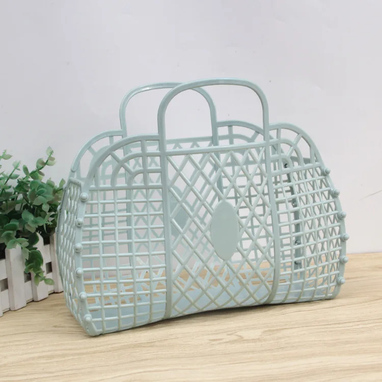 

Personalized Vintage Solid Color Folded Plastic PE Jelly Basket Bag Beach Bag Children Toy Bag, 4 colors