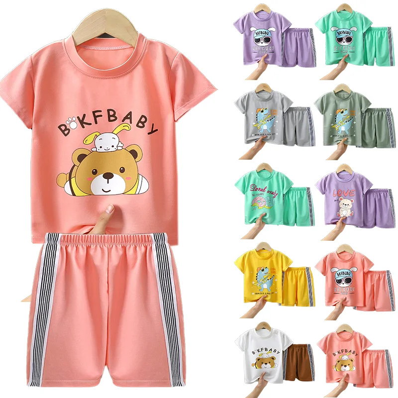 

Kids two piece set 2022 summer cute cartoon printed 2 piece track suit kids summer clothing set kids boys shorts sets, 2 colors