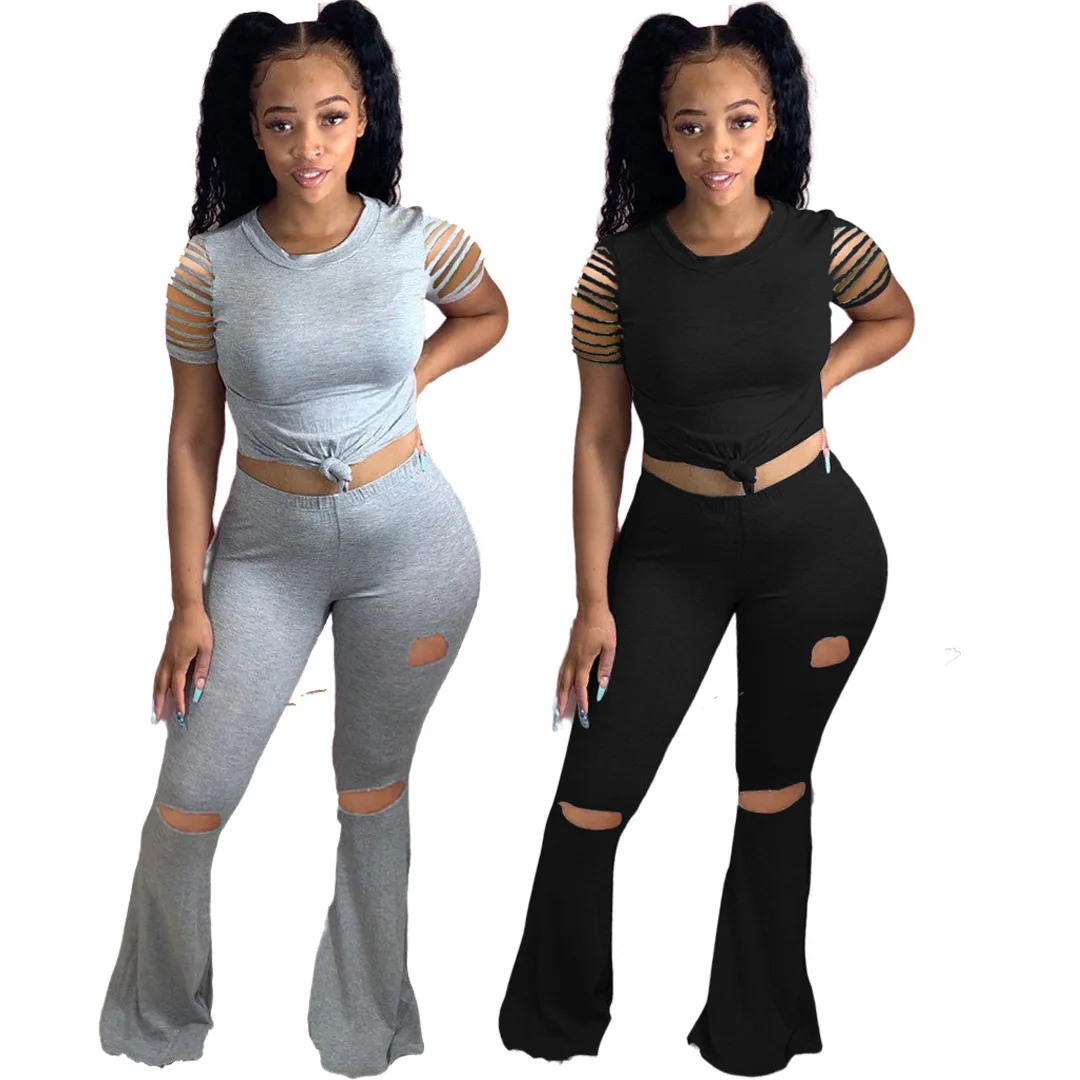 

hole flare pants 2piece sets jumpsuit women sehe fashion