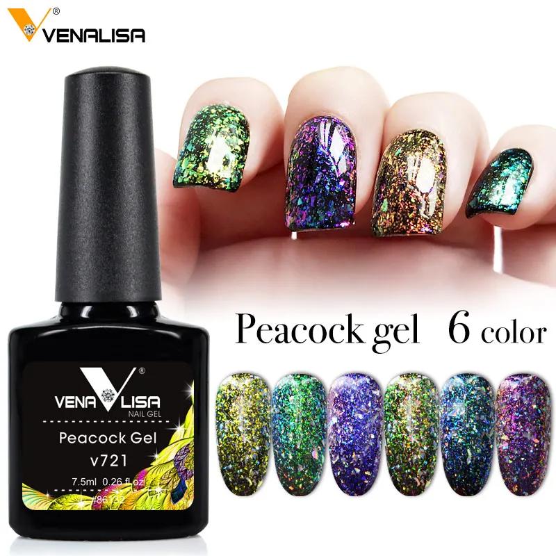 

86132a VENALISA Peacock Glitter Soak Off Nail Gel Polish Vernis Semi Permanent UV Gel Nail Polish Bling Color Gel Varnish 7.5ml, 6 colors #v721-#v726