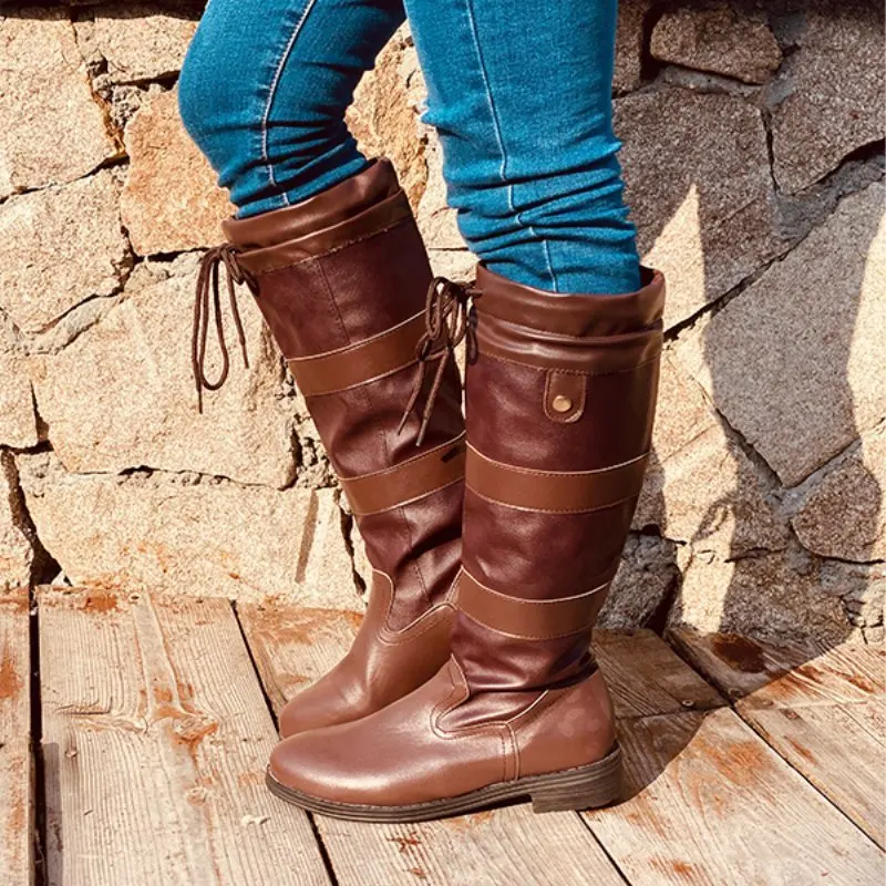 

XQM Female Brown Boots Tall Leather Stitching Square Heel Flat Knight Boots Women's Boots, Different colors and support to customized