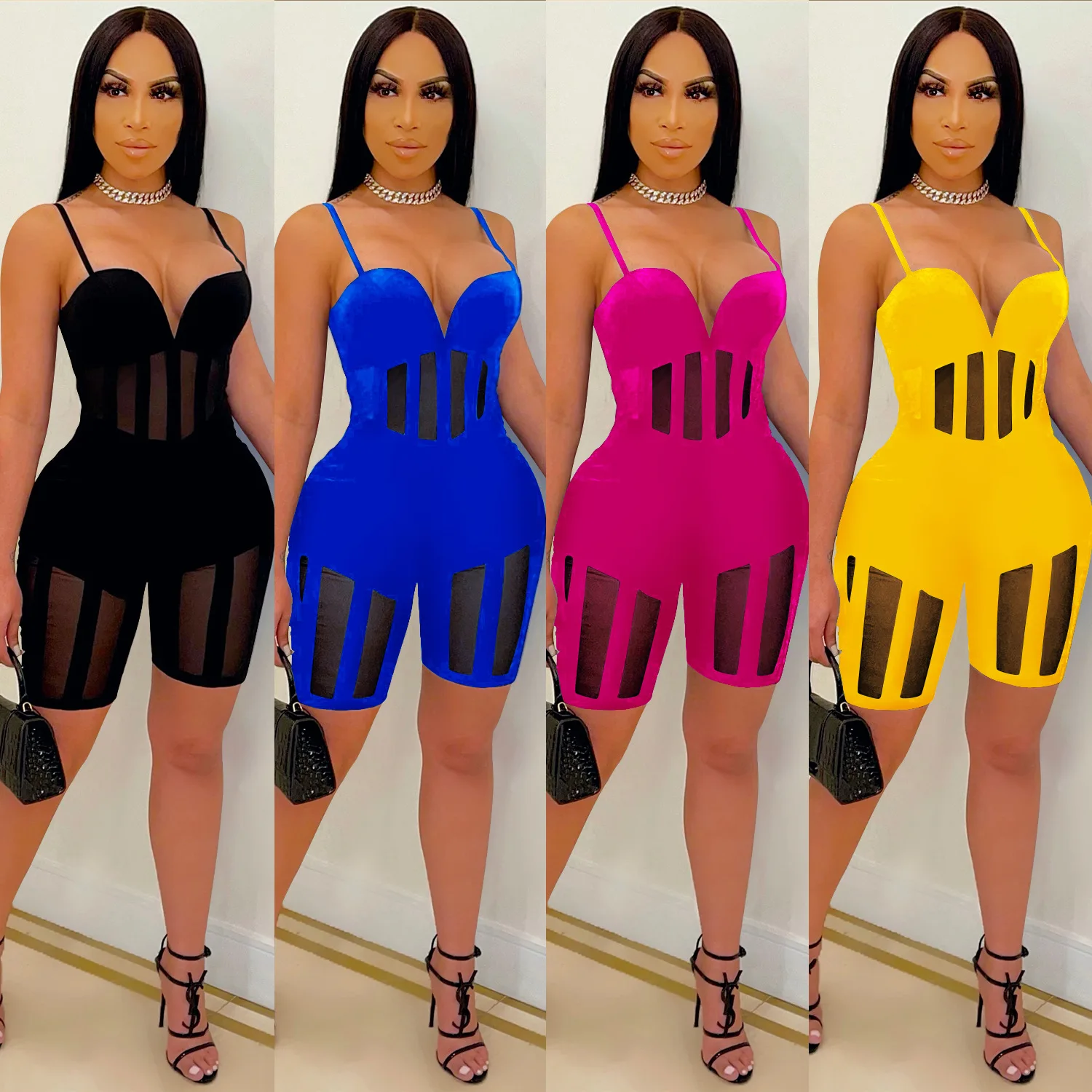 

X5474 - Sexy Bandage Sleeveless Mesh Patchwork Women Rompers
