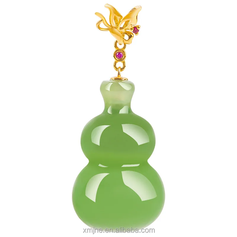 

Certified Grade A Spinach Green Hotan Jade Green Jade 3D Gourd 18K Gold Buckle Ruby Inlaid Natural Jade Pendant