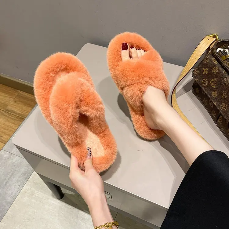 

Hot sale fashion fuzzy slippers cross band women's furry shoes thick sole plush slides ladies faux fur slippers