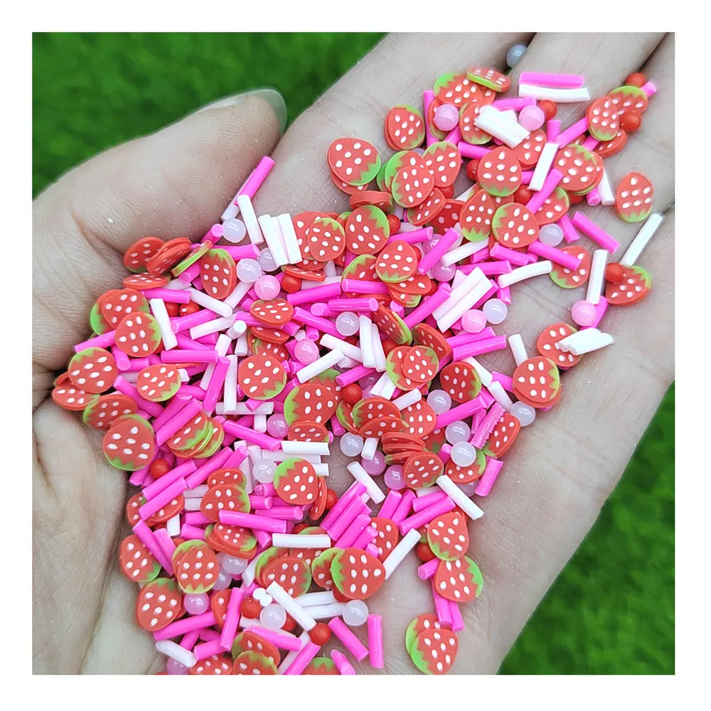 

Wholesale 500g Polymer Clay Strawberry Slices Slime Stuffing Hot Soft Fruit Confetti Nail Art Decor Handicraft