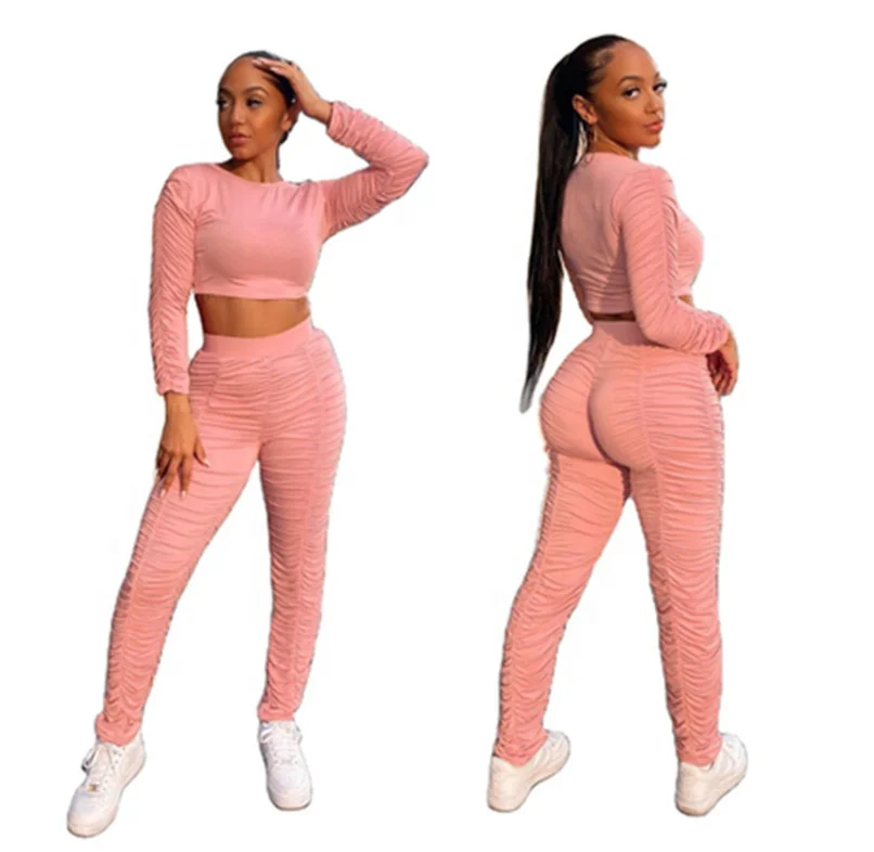 

2021 new arrivals fall autunm casual fashion pleated solid suit 2 two piece trousers pants set women clothes outfits clothing, Pink