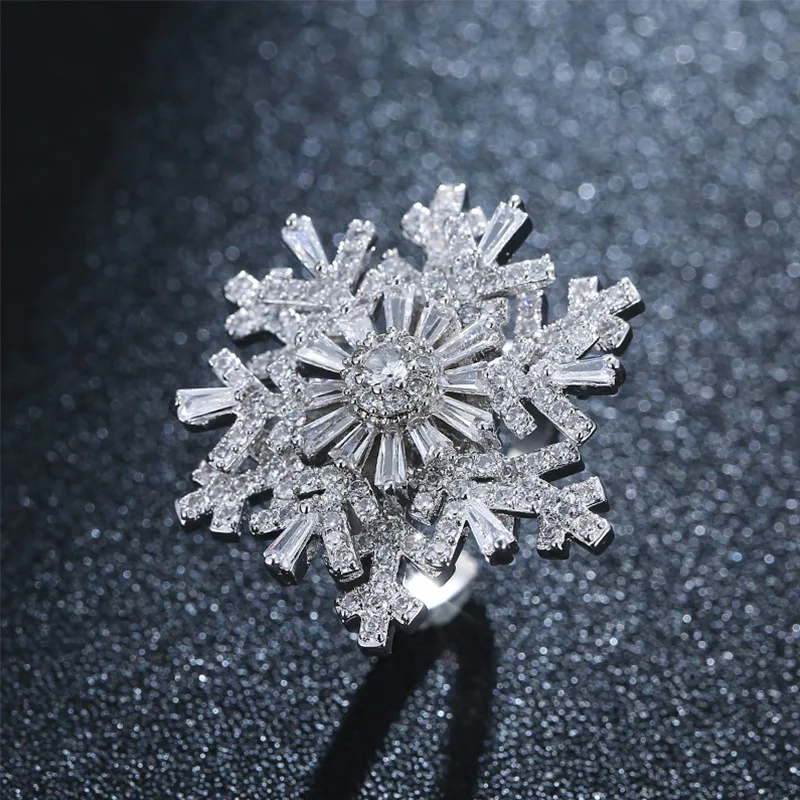 

2021 New Year White Gold Plated Rotatable Full CZ Snowflake Adjustable Rings Zircon Snowflake Open Finger Rings