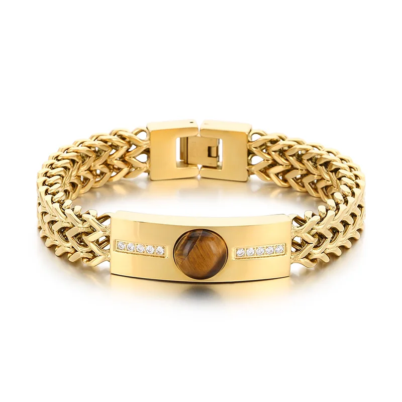 KALEN Vintage Fashion Bracelets Mens Stainless Steel Rhinestones Herringbone Links Bracelet