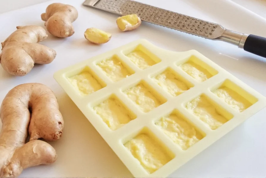 Homemade ginger paste in ice cube tray with fresh ginger root and grater
